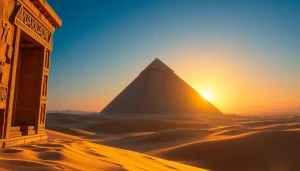 A stunning view of the piraminds with intricate carvings and a majestic golden sunset.