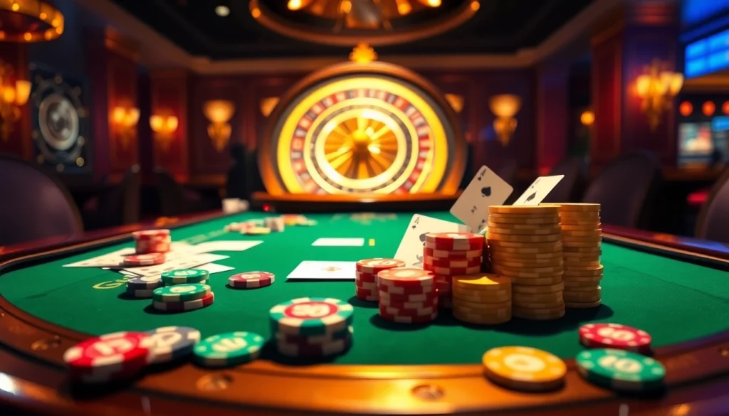 Experience exciting games at 88CLB COM, showcasing chips and cards on an elegant casino table.