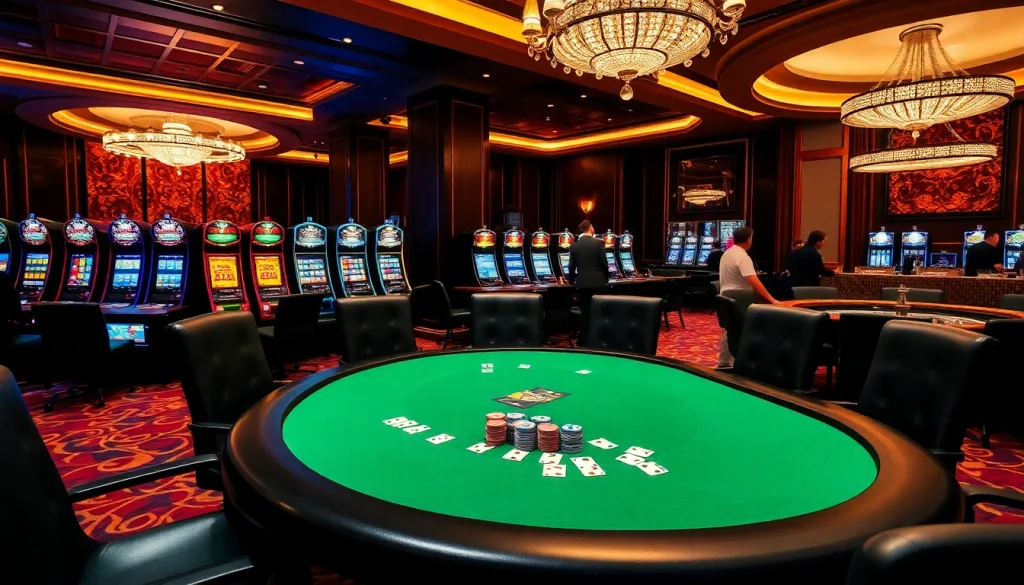 Players engaging in a poker game at a luxurious casino table filled with chips and cards.