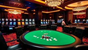 Players engaging in a poker game at a luxurious casino table filled with chips and cards.