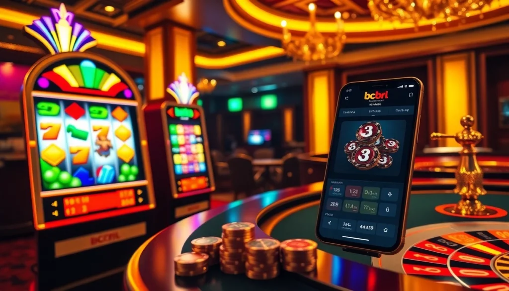 Experimenta la emoción de jugar en BCBRL con una escena de casino de lujo que presenta máquinas tragamonedas y mesas de póker.