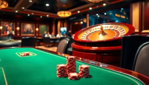 Players enjoying a thrilling poker game at GG88 casino, surrounded by vibrant ambience and luxury.