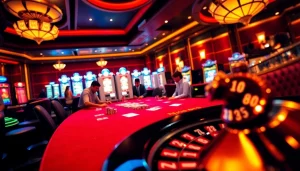 Players strategizing at a vibrant poker table in a luxurious casino setting featuring NK88 elements.