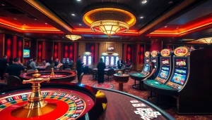 Exciting casino gaming scene featuring gg88 themed slot machines, roulette wheel, and enthusiastic players.
