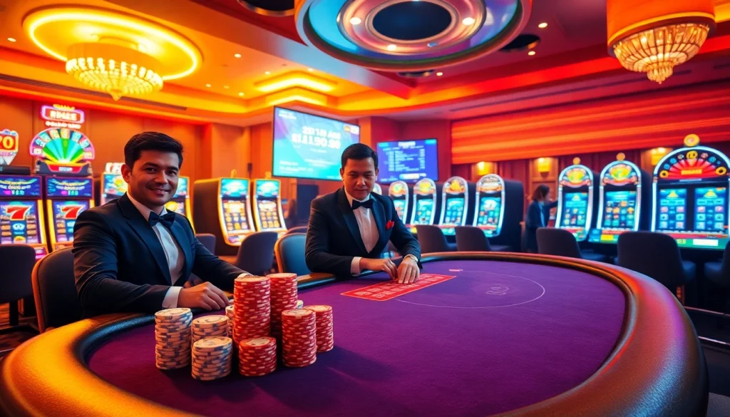 Experience the thrill of RR88 at a luxury casino with a vibrant poker table and slot machines.