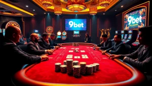 9bet high-stakes poker players engaged at an upscale casino table.
