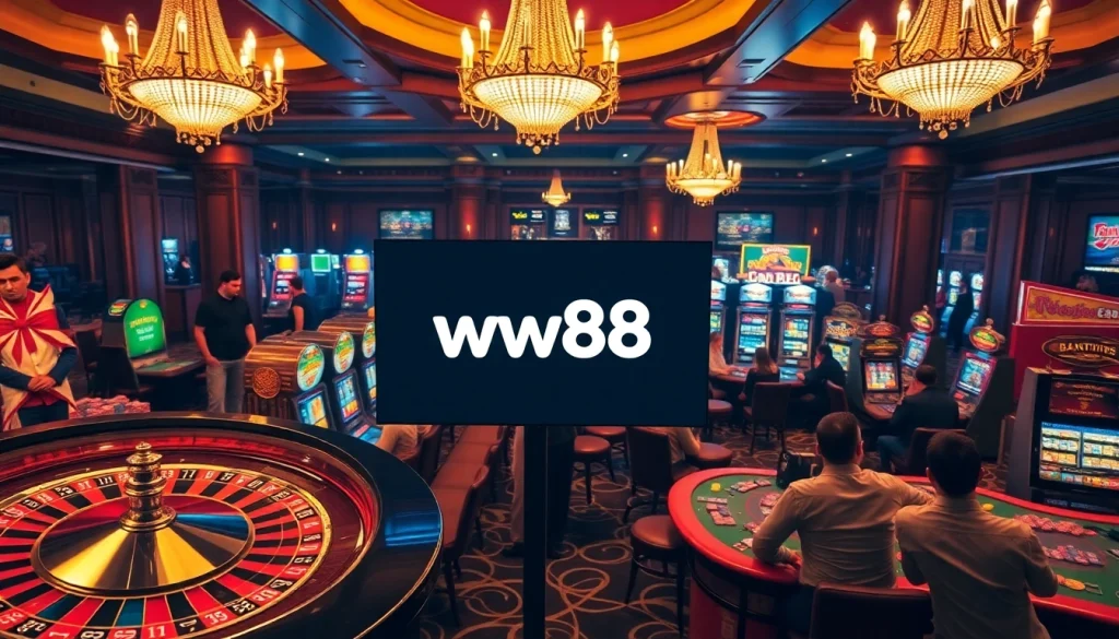 Exciting gaming scene at ww88 featuring roulette and slot machines in a luxurious casino.