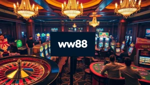 Exciting gaming scene at ww88 featuring roulette and slot machines in a luxurious casino.