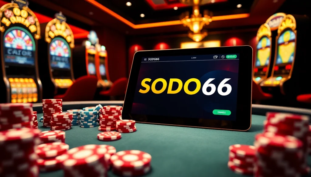 SODO66 online gambling interface on a tablet with casino chips and dice in a luxurious setting.