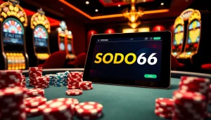 SODO66 online gambling interface on a tablet with casino chips and dice in a luxurious setting.