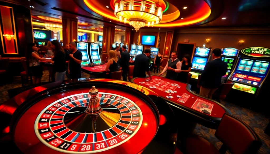 Players enjoying thrilling games at https://hitclub.miami/ with vibrant casino tables and roulette wheels.