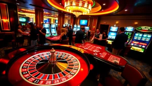 Players enjoying thrilling games at https://hitclub.miami/ with vibrant casino tables and roulette wheels.
