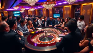 Gamblers placing bets at a roulette table in a luxurious casino atmosphere - bet168 experience.