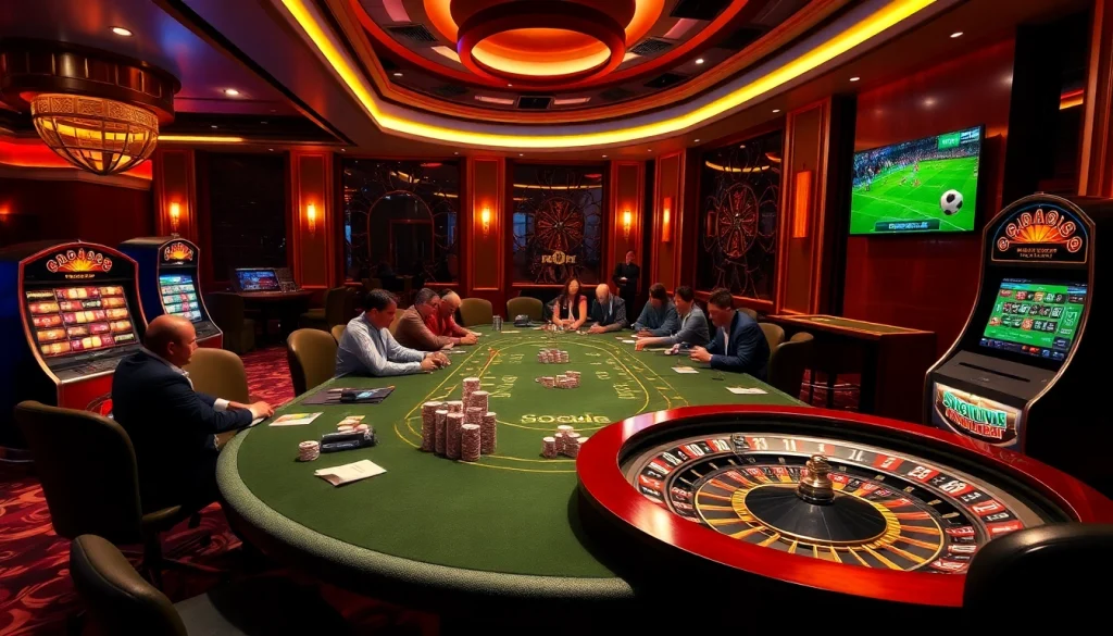Socolive features a luxurious casino scene with intense poker gameplay and exciting soccer betting ambiance.