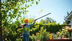 The best electric pole saw in action, trimming tree branches in a sunny backyard, showcasing modern design and efficiency.