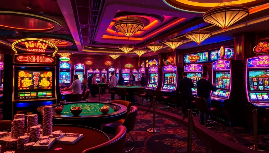 Experience the thrill of nổ hũ in a vibrant casino scene with neon lights and excited gamblers.
