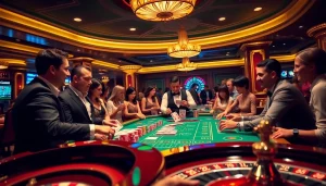 Experience the excitement of fe bet at a luxurious casino table with eager players and colorful chips.