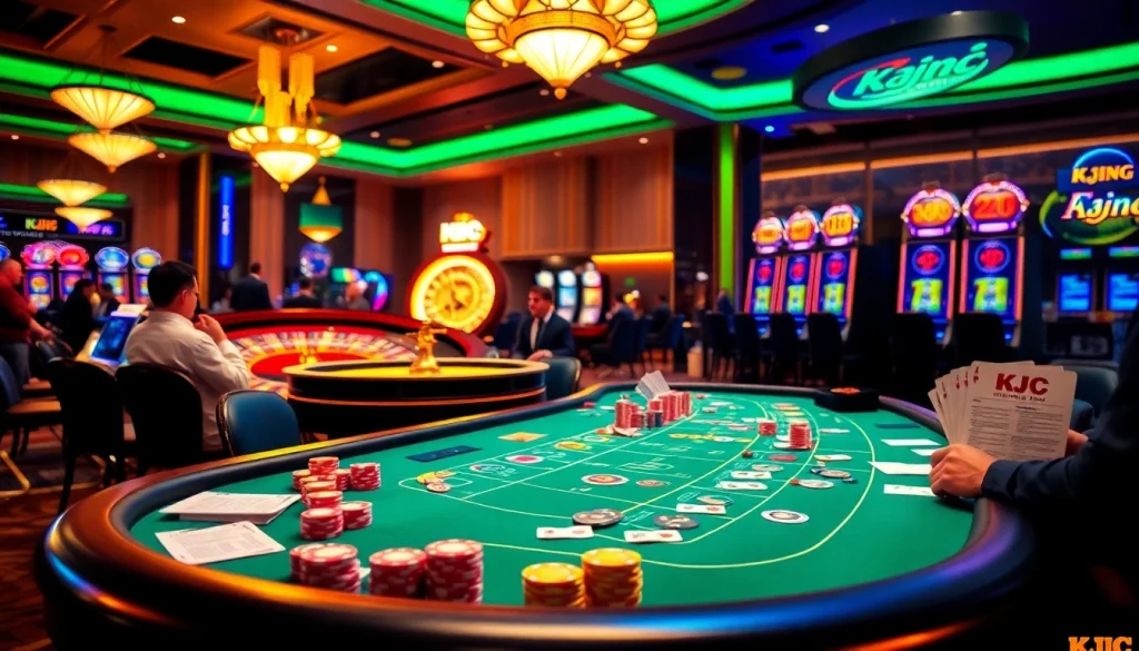 KJC branded casino scene featuring a lively poker table, roulette wheel, and slot machines.