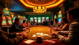 Mu88 casino players strategizing at a vibrant gaming table, showcasing cards and chips.