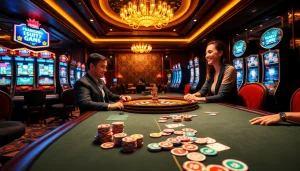 Gamblers enjoying games at FB88's elegant casino tables with vibrant atmosphere.