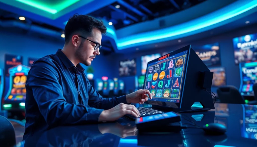 Analysing gudangcuan in a vibrant gaming lounge with advanced technology and bright ambiance.