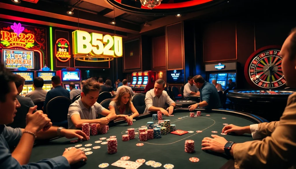Engaging players at the B52 Club poker table with vibrant chips and casino excitement.