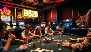 Engaging players at the B52 Club poker table with vibrant chips and casino excitement.