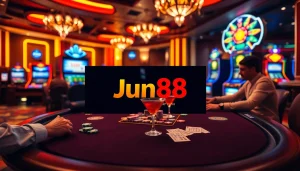 Players enjoying a thrilling game at Jun88 casino with vibrant chips and high stakes.