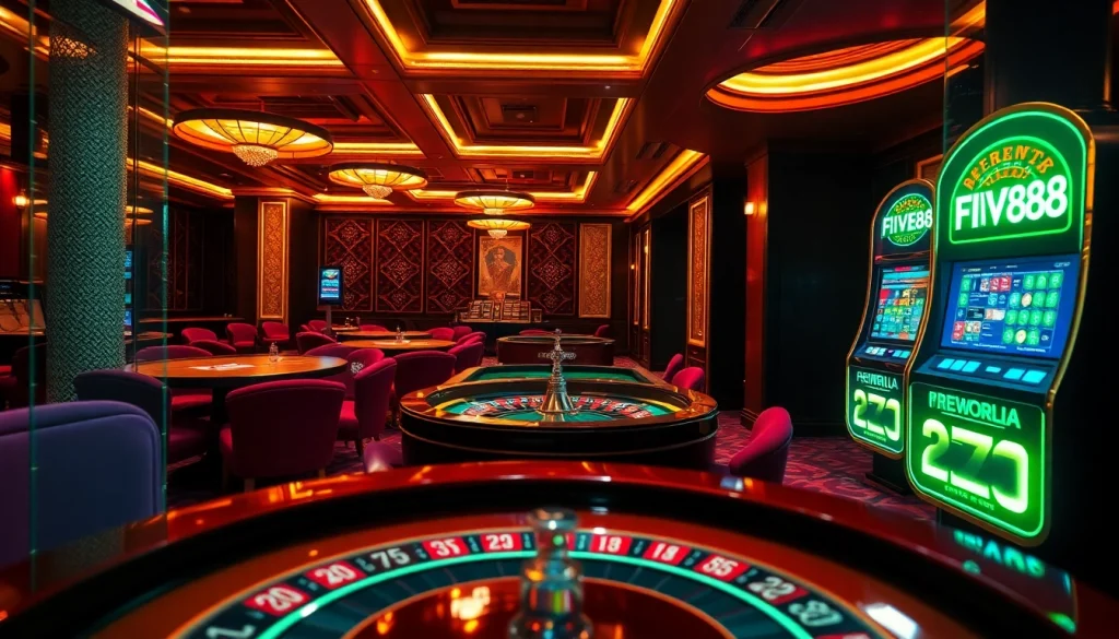 Experience the thrill of FIVE88 with exciting casino games and vibrant tables in a luxurious setting.