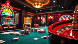 Experience thrilling gameplay at rr88 with vibrant casino visuals featuring poker tables and slot machines.