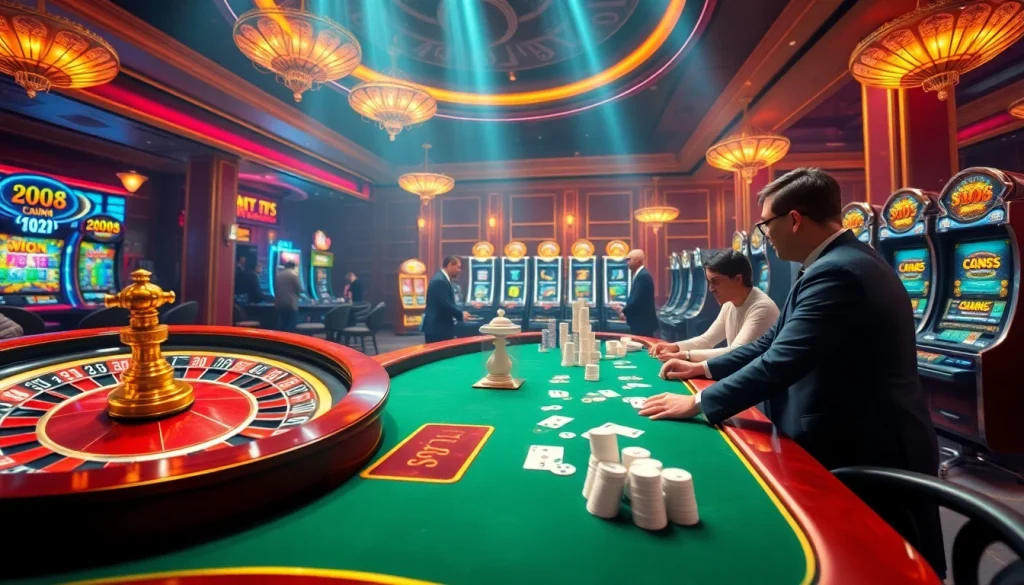 Exciting LC88 online gambling scene with a roulette wheel and poker table.