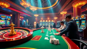 Exciting LC88 online gambling scene with a roulette wheel and poker table.