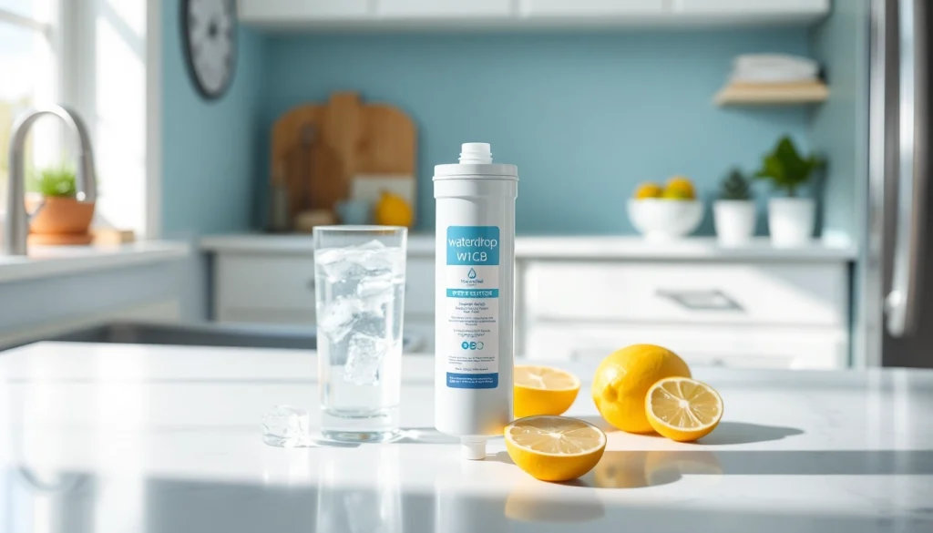 Waterdrop WF1CB Replacement for Frigidaire® PureSource WFCB filter alongside a glass of refreshing water.