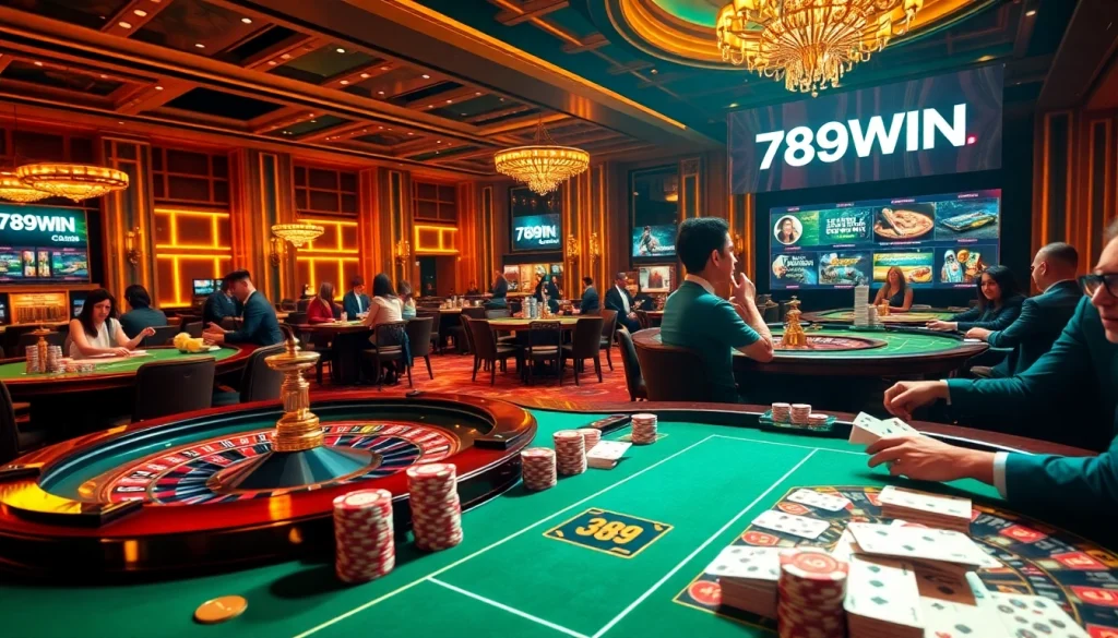 Exciting casino scene featuring players at various gambling tables in the luxurious atmosphere of 789WIN.