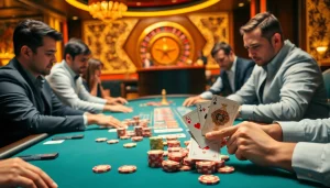High-stakes poker action showcasing players at KJC RR88 luxury casino table surrounded by vibrant chips and cards.