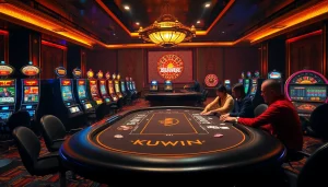 KUWIN casino scene with vibrant tables, engaged players, and colorful betting chips in a luxurious setting.