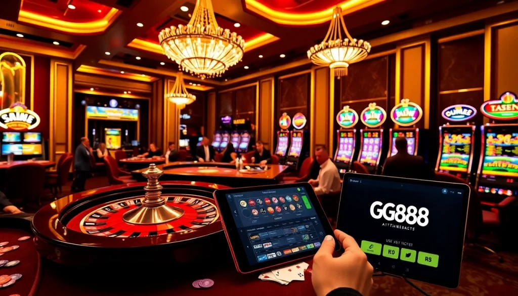 Experience excitement at GG88's luxurious casino gaming scene with roulette and poker tables.