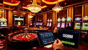 Experience excitement at GG88's luxurious casino gaming scene with roulette and poker tables.