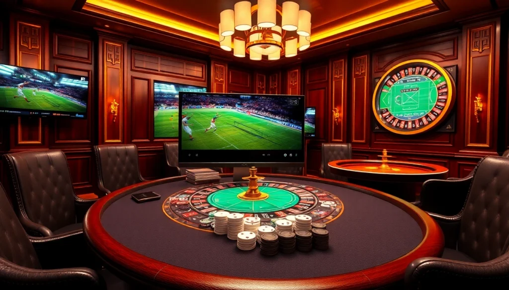 Experience the thrill of trực tiếp bóng đá at a luxurious casino featuring high-stakes poker tables, vibrant gameplay displays, and a lively atmosphere.