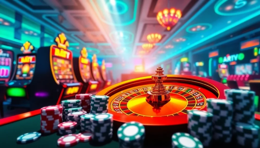 Exciting online casino action at https://winvn.wiki featuring vibrant slot machines and poker chips.