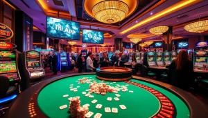 Excited gamblers at a casino with vibrant tables and Tải App promotions featured prominently.