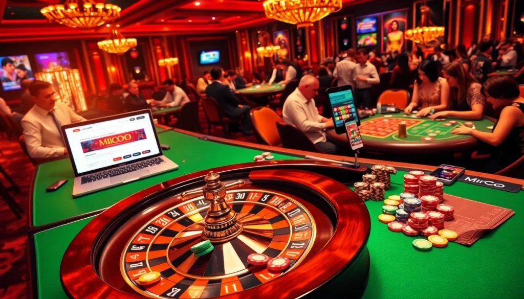 Experience excitement at https://mmoo.de.com with casino tables and roulette wheels in a vibrant gambling scene.