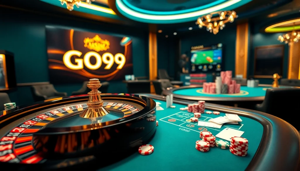 Engaging Go99 online casino scene with vibrant colors, poker chips, and roulette for exciting gaming.