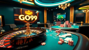Engaging Go99 online casino scene with vibrant colors, poker chips, and roulette for exciting gaming.