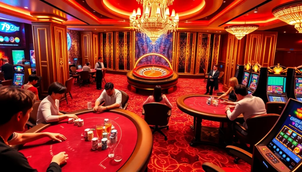 Players at the 789 club table engage in intense poker games amid a luxurious casino setting.