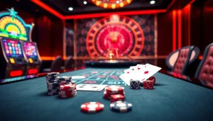 Tải GO88 at an exciting casino scene featuring poker chips, cards, and slot machines.