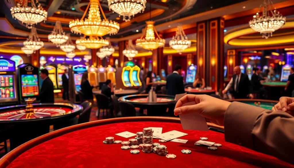Gambling at a luxurious casino with lively tables, slot machines, and betting slips on https://f168.direct/ for an exciting experience.