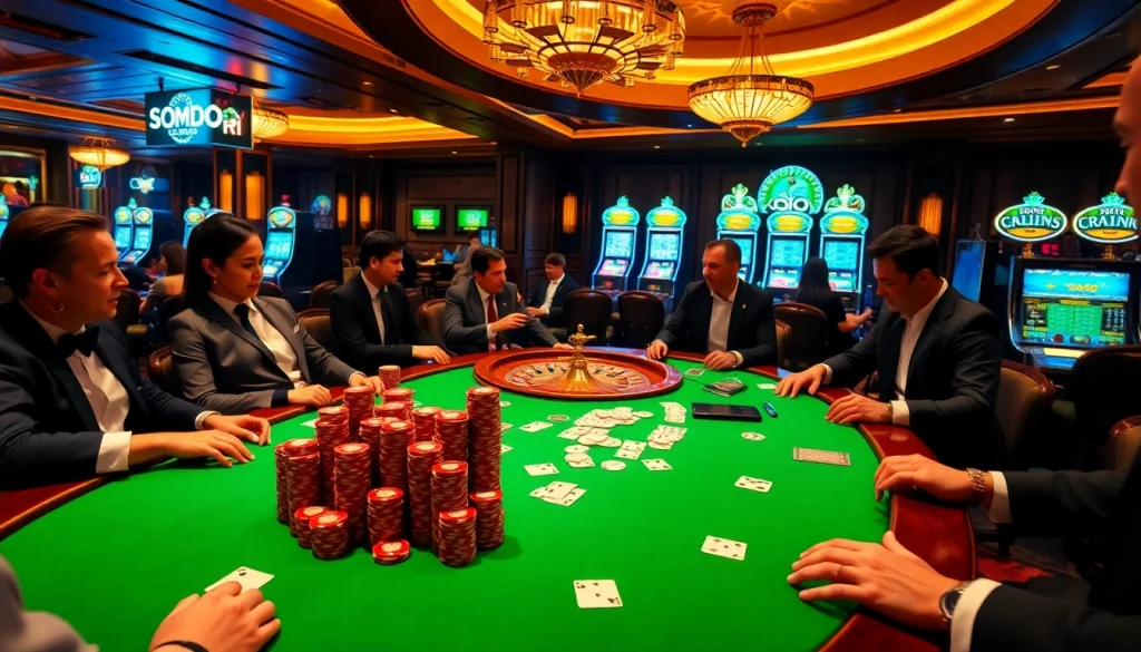 SODO Casino players engaging in an exciting poker game with vibrant poker chips and roulette wheel.