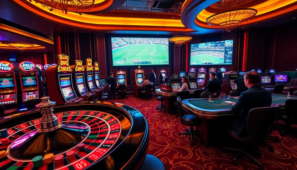 Engaging casino scene with roulette and slot machines promoting https://vaoluoitv.it.com for online gaming excitement