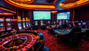 Engaging casino scene with roulette and slot machines promoting https://vaoluoitv.it.com for online gaming excitement